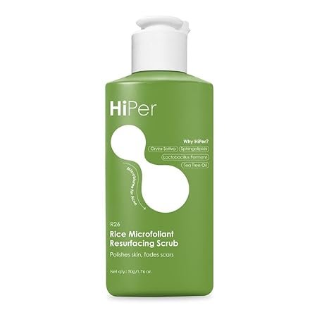 HiPer Rice Microfoliant Face Scrub (50 gm) | Gentle exfoliating face scrub for oily skin with Rice Powder & Tea Tree Oil | Polishes Skin & Fades Scars | For Acne Prone, Oily Skin | Rice Face Scrub for Glowing Skin | Removes blackheads, enlarged pores | Infused with Allantoin, Sphingolipids & Prebiotics