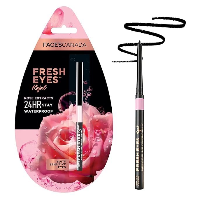 FACESCANADA Fresh kajal for eyes, 0.35G | kajal stick with Rose Extracts | 24Hr Waterproof | Suits Sensitive Eyes | Intense Black Matte Finish | Refreshes Tired Eyes | Gentle | Smudgeproof | Vegan