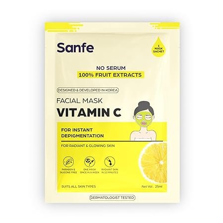 Sanfe Instant Depigmentation Vitamin C hydrate face mask | For radiant & glowing skin | 100% fruit extracts, Korean Mask | 1pc, 25gm